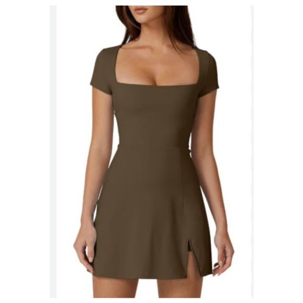 Qinsen square neck tennis dress with built in shorts in army green - L